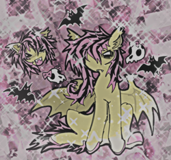 Size: 1592x1482 | Tagged: safe, artist:girl-bug 925, fluttershy, bat, bat pony, pony, g4, ><, alternate versions at source, bat ponified, closed mouth, colored hooves, ear fluff, ear tufts, emoshy, eyes closed, fangs, female, flutterbat, frown, mare, messy mane, open mouth, race swap, sitting, skull, solo, sparkles, spread wings, wings