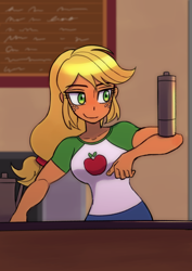 Size: 2894x4093 | Tagged: safe, artist:haibaratomoe, applejack, human, equestria girls, g4, breasts, clothes, collar, denim, denim skirt, doodle, female, freckles, hair, hatless, missing accessory, ponytail, scott pilgrim takes off, shirt, skirt, solo, teenager