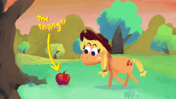 Size: 1280x720 | Tagged: safe, artist:punkittdev, applejack, earth pony, pony, g4, animated, apple, arrow, dancing, female, food, looking at something, mare, silly, silly pony, solo, sound, text, that pony sure does love apples, webm, who's a silly pony