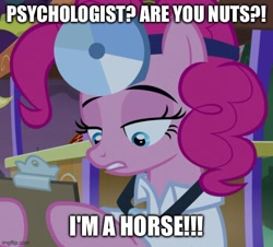 Size: 553x499 | Tagged: safe, edit, edited screencap, screencap, pinkie pie, earth pony, pony, g4, season 9, the summer sun setback, caption, clipboard, doctor, female, image macro, imgflip, mare, mr. horse, ren and stimpy, ren and stimpy adult party cartoon, solo, text