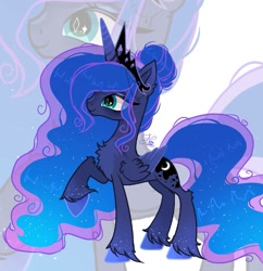 Size: 1241x1280 | Tagged: safe, artist:mariyalunamoon7700, princess luna, alicorn, pony, g4, concave belly, crown, ethereal mane, ethereal tail, female, hooves, jewelry, long mane, long tail, mare, raised hoof, redesign, regalia, slender, solo, standing, starry mane, starry tail, tail, thin, unshorn fetlocks, zoom layer