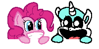 Size: 200x100 | Tagged: safe, artist:alumina nitride, pinkie pie, earth pony, pony, unicorn, smile hd, g4, craftycorn, duo, pixel art, poppy playtime, simple background, smiling critters, transparent background