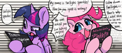 Size: 1908x832 | Tagged: safe, artist:oofycolorful, pinkie pie, twilight sparkle, alicorn, earth pony, pony, g4, barbie mugshot meme, duo, duo female, female, horn, mare, meme, misspelling, mugshot, open mouth, open smile, smiling, speech bubble, twilight sparkle (alicorn), wings