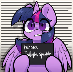 Size: 1037x1033 | Tagged: safe, alternate version, artist:oofycolorful, twilight sparkle, alicorn, pony, g4, barbie mugshot meme, eye clipping through hair, eyebrows, eyebrows visible through hair, female, frown, gritted teeth, hoof hold, horn, looking at you, mare, meme, mugshot, shrunken pupils, solo, spread wings, teeth, text, twilight sparkle (alicorn), wide eyes, wings, worried
