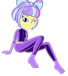Size: 1104x1238 | Tagged: safe, supernova zap, human, equestria girls, g4, base used, bodysuit, catsuit, clothes, female, latex, latex suit, looking at you, one eye closed, simple background, solo, totally spies, white background
