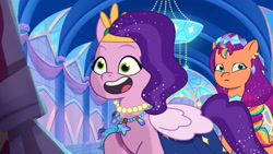Size: 3072x1727 | Tagged: safe, screencap, pipp petals, sunny starscout, auroricorn, earth pony, pegasus, pony, unicorn, crystal ball (episode), g5, my little pony: tell your tale, spoiler:g5, spoiler:my little pony: tell your tale, spoiler:tyts01e68, clothes, dress, duo focus, female, frown, male, mare, open mouth, open smile, smiling, stallion, unnamed character