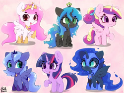 Size: 4000x3000 | Tagged: safe, artist:zokkili, nightmare moon, princess cadance, princess celestia, princess luna, queen chrysalis, twilight sparkle, alicorn, changeling, changeling queen, pony, unicorn, g4, beanbrows, blank flank, chibi, crown, cute, cutealis, cutedance, cutelestia, eyebrows, eyebrows visible through hair, fangs, female, filly, filly cadance, filly celestia, filly luna, filly queen chrysalis, filly twilight sparkle, foal, group, heart, heart eyes, high res, hoof shoes, horn, jewelry, looking at you, lunabetes, moonabetes, nicemare moon, nightmare woon, open mouth, open smile, peytral, pink-mane celestia, princess shoes, raised hoof, regalia, sextet, slit pupils, smiling, smiling at you, sparkles, sparkly eyes, spread wings, starry eyes, twiabetes, unicorn twilight, weapons-grade cute, wingding eyes, wings, woona, younger