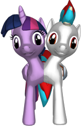 Size: 981x1502 | Tagged: safe, artist:sorro, twilight sparkle, oc, oc:solar eclipse, alicorn, pony, g4, 3d, blue mane, conjoined, cyan mane, duo, duo male and female, female, folded wings, light skin, looking at you, male, mare, purple eyes, purple skin, red eyes, red mane, simple background, standing, transparent background, twilight sparkle (alicorn), wings