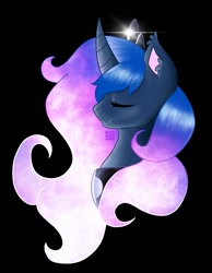 Size: 991x1280 | Tagged: safe, artist:~casper~, princess luna, alicorn, pony, g4, black background, blue mane, bust, crown, curved horn, digital art, ethereal mane, eyes closed, female, flowing mane, glowing, horn, jewelry, mare, peytral, portrait, regalia, signature, simple background, solo, starry mane, stars