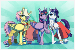 Size: 1772x1181 | Tagged: safe, artist:inuhoshi-to-darkpen, fluttershy, rarity, twilight sparkle, alicorn, earth pony, pegasus, pony, unicorn, g4, clothes, commission, cosplay, costume, folded wings, large wings, nami, nico robin, one piece, skirt, sternocleidomastoid, twilight sparkle (alicorn), usopp, wings