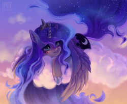 Size: 2123x1736 | Tagged: safe, artist:lenori, princess luna, alicorn, pony, g4, blue eyes, blue mane, blue tail, blushing, cloud, crown, digital art, ethereal mane, ethereal tail, eyelashes, eyeshadow, feather, female, flowing mane, flowing tail, glowing, glowing horn, hoof shoes, horn, jewelry, looking at you, looking up, lying down, makeup, mane, mare, peytral, regalia, signature, sky, smiling, smiling at you, solo, sparkles, spread wings, starry mane, starry night, starry tail, stars, sunrise, tail, wings