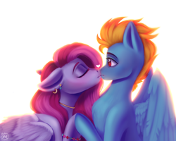 Size: 2100x1680 | Tagged: safe, artist:nimari, oc, oc only, oc:samudash, pegasus, pony, g4, blushing, chest fluff, crepuscular rays, cute, digital art, ear piercing, eyes closed, feather, female, folded wings, heart, jewelry, kissing, lidded eyes, looking at each other, looking at someone, male, mare, necklace, not lightning dust, orange mane, piercing, pink mane, red eyes, shipping, signature, simple background, stallion, stallion oc, straight, sunlight, touching hooves, wings, yellow background