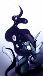 Size: 1196x2119 | Tagged: safe, artist:brainr0tter, princess luna, tantabus, alicorn, pony, g4, asphyxiation, blue eyes, blue mane, bubble, crepuscular rays, crown, digital art, dream, drowning, ethereal mane, female, flowing mane, horn, jewelry, lake, mare, moonlight, nightmare, ocean, open mouth, regalia, shadow, solo, sparkles, starry mane, stars, sunlight, swimming, teeth, trapped, underwater, unshorn fetlocks, water