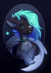 Size: 1600x2304 | Tagged: safe, artist:avroras_world, oc, oc only, hybrid, merpony, original species, seapony (g4), shark, shark pony, g4, blue background, blue mane, bubble, bust, collar, crepuscular rays, cute, digital art, dorsal fin, eye clipping through hair, eyeshadow, fin, fish tail, flowing mane, flowing tail, green eyes, looking at you, makeup, male, ocean, one eye closed, portrait, scales, signature, simple background, smiling, smiling at you, solo, sparkles, stallion, stallion oc, swimming, tail, underwater, water, wink, winking at you