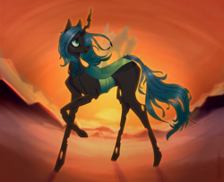 Size: 1600x1300 | Tagged: safe, artist:caecusgirl, queen chrysalis, changeling, changeling queen, g4, autumn, cloud, crepuscular rays, curved horn, digital art, eyeshadow, fangs, female, flowing mane, glowing, green eyes, green mane, holes, horn, makeup, mare, mist, mountain, mountain range, raised hoof, scenery, signature, skinny, sky, solo, spread wings, sun, sunlight, sunset, teeth, thin, thin legs, transparent wings, walking, wings