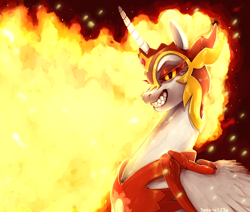 Size: 2000x1696 | Tagged: safe, artist:smeevel27, daybreaker, alicorn, pony, g4, antagonist, armor, colored pupils, crown, digital art, ethereal mane, evil smile, eyelashes, eyeshadow, fangs, feather, female, fire, flowing mane, folded wings, gem, glowing, grin, helmet, horn, jewelry, lidded eyes, looking at you, majestic, makeup, mane of fire, mare, orange eyes, peytral, purple background, regalia, signature, simple background, slit pupils, smiling, smiling at you, solo, teeth, villainess, wing armor, wings