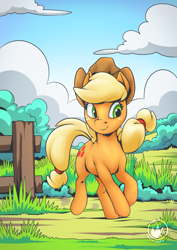 Size: 2171x3070 | Tagged: safe, artist:mysticalpha, applejack, earth pony, pony, g4, applejack's hat, cloud, cowboy hat, female, fence, grass, grass field, hat, high res, mare, signature, sky, smiling, solo
