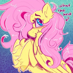 Size: 2000x2000 | Tagged: safe, artist:yumkandie, fluttershy, pegasus, pony, g4, abstract background, blushing, chest fluff, cute, cute little fangs, fangs, female, fluffy, freckles, freckleshy, gradient background, hair over one eye, heart, heart eyes, high res, hoof fluff, hooves to the chest, looking at you, mare, shy, shyabetes, smiling, solo, wingding eyes
