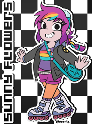 Size: 2952x4000 | Tagged: safe, artist:partypievt, sunny starscout, human, g5, badge, bag, belt, braid, clothes, crossover, female, goggles, goggles on head, hoodie, humanized, looking at you, marvel, pins, ponytail, ramona flowers, roller skates, rollerblades, scott pilgrim, scott pilgrim takes off, scott pilgrim vs the world, skates, skating, smiling, smiling at you, solo, teeth, x-men