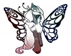 Size: 2000x1585 | Tagged: safe, artist:opalacorn, oc, oc only, breezie, pony, antennae, butterfly wings, chest fluff, coat markings, hair over one eye, lidded eyes, looking at you, simple background, smiling, socks (coat markings), solo, spread wings, white background, wings
