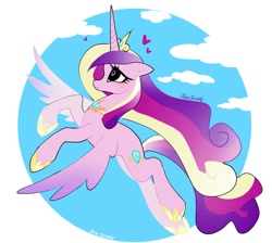 Size: 1268x1134 | Tagged: safe, artist:petaltwinkle, princess cadance, alicorn, pony, g4, cute, cutedance, eyelashes, female, floating heart, flying, heart, hoof shoes, horn, long horn, long mane, long tail, mare, princess shoes, signature, simple background, solo, spread wings, tail, white background, wings