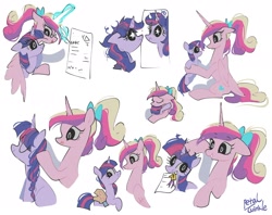 Size: 2048x1623 | Tagged: safe, artist:petaltwinkle, princess cadance, twilight sparkle, alicorn, pony, unicorn, g4, bow, braiding, cardboard wings, cute, duo, eyes closed, fake wings, female, filly, filly cadance, filly twilight sparkle, floppy ears, glowing, glowing horn, hair bow, height difference, holding a pony, horn, hug, levitation, magic, mare, math, mirror, mouth hold, quill, reflection, ribbon, signature, simple background, smiling, starry eyes, teen princess cadance, telekinesis, twiabetes, unicorn twilight, white background, wing blanket, wingding eyes, winghug, wings, younger