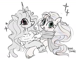 Size: 1440x1142 | Tagged: safe, artist:petaltwinkle, izzy moonbow, sunny starscout, earth pony, pony, unicorn, g5, clothes, cute, duo, female, grayscale, heart, heart eyes, izzybetes, looking at you, mare, monochrome, open mouth, open smile, partial color, scarf, signature, simple background, smiling, smiling at you, sparkles, starry eyes, sunnybetes, white background, wingding eyes