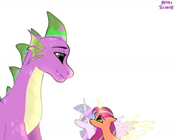 Size: 1440x1142 | Tagged: safe, artist:petaltwinkle, spike, sunny starscout, twilight sparkle, alicorn, dragon, earth pony, pony, g5, my little pony: make your mark, my little pony: make your mark chapter 6, the isle of scaly, spoiler:g5, spoiler:my little pony: make your mark, spoiler:my little pony: make your mark chapter 6, spoiler:mymc06e01, adult, adult spike, duo, duo male and female, female, male, mane stripe sunny, mare, older, older spike, race swap, simple background, spike (g5), sunny and her heroine, sunnycorn, twilight sparkle (alicorn), white background