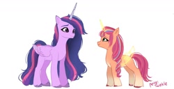 Size: 1440x738 | Tagged: safe, artist:petaltwinkle, sunny starscout, twilight sparkle, alicorn, earth pony, pony, g4, g5, duo, female, folded wings, height difference, looking at each other, looking at someone, mane stripe sunny, mare, race swap, signature, simple background, smiling, smiling at each other, sunny and her heroine, sunnycorn, twilight sparkle (alicorn), white background, wings