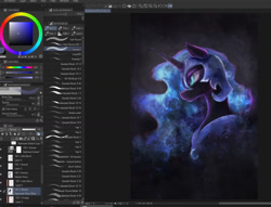 Size: 1330x1018 | Tagged: safe, artist:ventious, nightmare moon, alicorn, pony, g4, bust, clip studio paint, ethereal mane, female, galaxy mane, mare, portrait, side view, solo, wip