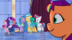 Size: 3072x1727 | Tagged: safe, screencap, hitch trailblazer, izzy moonbow, misty brightdawn, pipp petals, sparky sparkeroni, sunny starscout, zipp storm, dragon, earth pony, pegasus, pony, unicorn, crystal ball (episode), g5, my little pony: tell your tale, spoiler:g5, spoiler:my little pony: tell your tale, spoiler:tyts01e68, :o, baby, baby dragon, clothes, dress, eyebrows, eyes closed, female, frown, male, mane five, mane six (g5), mare, open mouth, papa hitch, raised eyebrow, rebirth misty, royal sisters (g5), siblings, sisters, smiling, stallion, wavy mouth
