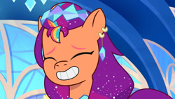 Size: 3072x1727 | Tagged: safe, screencap, sunny starscout, earth pony, pony, crystal ball (episode), g5, my little pony: tell your tale, spoiler:g5, spoiler:my little pony: tell your tale, spoiler:tyts01e68, clothes, dress, eyes closed, female, grin, mare, smiling, solo
