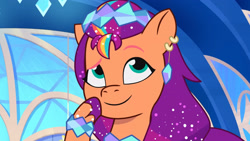 Size: 3072x1727 | Tagged: safe, screencap, sunny starscout, earth pony, pony, crystal ball (episode), g5, my little pony: tell your tale, spoiler:g5, spoiler:my little pony: tell your tale, spoiler:tyts01e68, clothes, dress, eyebrows, female, mare, raised eyebrow, smiling, solo