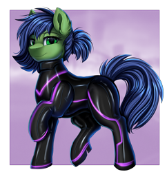 Size: 3450x3559 | Tagged: safe, artist:pridark, oc, oc only, oc:gray hat, earth pony, pony, clothes, concave belly, high res, latex, latex suit, smiling, solo, suit, tron