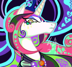 Size: 600x559 | Tagged: safe, artist:thurder2020, gameloft, princess amore, pony, unicorn, g4, abstract background, clothes, digital art, eyeshadow, female, flowing mane, heart, horn, makeup, mare, pink mane, solo, yellow eyes