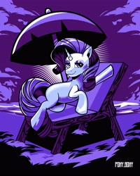 Size: 3277x4096 | Tagged: safe, artist:poxy_boxy, rarity, earth pony, pony, unicorn, g4, beach chair, chair, female, looking at you, mare, missing cutie mark, monochrome, ocean, purplescale, smiling, smiling at you, solo, umbrella, water