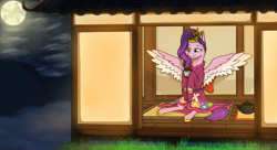Size: 1980x1080 | Tagged: safe, artist:terminalhash, pipp petals, pegasus, pony, g5, adorapipp, carpet, clothes, cup, cute, female, full moon, house, japanese cup, japanese teapot, kimono (clothing), mare, moon, night, solo, spread wings, teapot, tiawan, wings