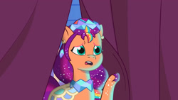 Size: 3072x1727 | Tagged: safe, screencap, sunny starscout, earth pony, pony, crystal ball (episode), g5, my little pony: tell your tale, spoiler:g5, spoiler:my little pony: tell your tale, spoiler:tyts01e68, clothes, dress, female, mare, open mouth, solo