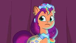 Size: 3072x1727 | Tagged: safe, screencap, sunny starscout, earth pony, pony, crystal ball (episode), g5, my little pony: tell your tale, spoiler:g5, spoiler:my little pony: tell your tale, spoiler:tyts01e68, clothes, dress, female, frown, mare, solo