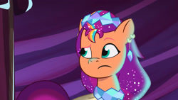 Size: 3072x1727 | Tagged: safe, screencap, sunny starscout, earth pony, pony, crystal ball (episode), g5, my little pony: tell your tale, spoiler:g5, spoiler:my little pony: tell your tale, spoiler:tyts01e68, clothes, dress, eyebrows, female, frown, mare, raised eyebrow, solo