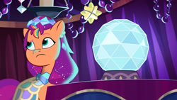 Size: 3072x1727 | Tagged: safe, screencap, sunny starscout, earth pony, pony, crystal ball (episode), g5, my little pony: tell your tale, spoiler:g5, spoiler:my little pony: tell your tale, spoiler:tyts01e68, clothes, dress, eyebrows, female, frown, mare, raised eyebrow, solo