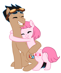 Size: 954x1153 | Tagged: safe, artist:muhammad yunus, oc, oc:annisa trihapsari, earth pony, pony, base used, crossover, duo, duo male and female, eyes closed, female, generator rex, goggles, goggles on head, grin, male, mare, ponified, rex salazar, simple background, smiling, transparent background