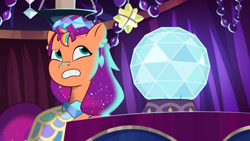 Size: 3072x1727 | Tagged: safe, screencap, sunny starscout, earth pony, pony, crystal ball (episode), g5, my little pony: tell your tale, spoiler:g5, spoiler:my little pony: tell your tale, spoiler:tyts01e68, clothes, dress, eyebrows, female, frown, mare, raised eyebrow, solo