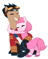 Size: 954x1153 | Tagged: safe, artist:muhammad yunus, oc, oc:annisa trihapsari, earth pony, pony, base used, blushing, clothes, crossover, duo, duo male and female, eyes closed, female, generator rex, goggles, goggles on head, grin, jacket, male, mare, pants, ponified, rex salazar, shirt, simple background, smiling, transparent background