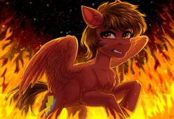 Size: 3624x2500 | Tagged: safe, artist:hakaina, oc, pegasus, pony, backlighting, cheek fluff, chest fluff, chin fluff, colored, concave belly, ear fluff, fire, fluffy, gritted teeth, high res, leg fluff, lidded eyes, lighting, looking sideways, looking up, partially open wings, pegasus oc, quadrupedal, shading, slender, solo, teeth, thin, three quarter view, wings