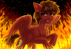 Size: 3624x2500 | Tagged: oc name needed, safe, artist:hakaina, oc, pegasus, pony, backlighting, cheek fluff, chest fluff, chin fluff, colored, concave belly, ear fluff, fire, fluffy, gritted teeth, high res, leg fluff, lidded eyes, lighting, looking sideways, looking up, partially open wings, pegasus oc, quadrupedal, shading, slender, solo, teeth, thin, three quarter view, wings