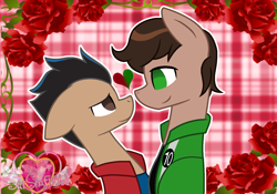 Size: 1502x1051 | Tagged: safe, artist:muhammad yunus, earth pony, pony, base used, ben 10, ben tennyson, clothes, crossover, duo, duo male, floppy ears, flower, gay, generator rex, heart, jacket, male, ponified, rex salazar, rose, smiling, sultry pose, watermark