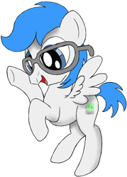 Size: 996x1390 | Tagged: safe, artist:scootaloormayfly, oc, oc only, unnamed oc, pegasus, pony, 2024 community collab, derpibooru community collaboration, blue mane, glasses, male, male oc, simple background, smiling, solo, stallion, transparent background, waving, wings