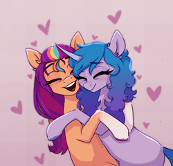 Size: 1950x1870 | Tagged: safe, artist:_alixxie_, izzy moonbow, sunny starscout, earth pony, pony, unicorn, g5, blushing, cute, duo, duo female, eyebrows, eyebrows visible through hair, eyes closed, female, heart, horn, hug, izzybetes, lesbian, mane stripe sunny, mare, open mouth, open smile, ship:moonscout, shipping, signature, smiling, sunnybetes, unshorn fetlocks