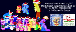 Size: 2087x894 | Tagged: safe, edit, edited screencap, editor:incredibubbleirishguy, screencap, apple bloom, applejack, discord, fluttershy, pinkie pie, princess cadance, princess celestia, princess flurry heart, princess luna, rainbow dash, rarity, scootaloo, shining armor, spike, starlight glimmer, sweetie belle, trixie, twilight sparkle, alicorn, draconequus, dragon, earth pony, pegasus, pony, unicorn, g4, to where and back again, acoustic guitar, album, album cover, alicorn pentarchy, baby alicorn, bass guitar, camera, candy, candy cane, christmas, christmas lights, christmas party, cutie mark crusaders, dark background, delet this, drum kit, drums, female, filly, foal, food, glow in the dark, guitar, hat, hearth's warming, holiday, i wish it could be christmas everyday, link in source, lyrics, mane seven, mane six, merge, musical instrument, present, royal sisters, santa hat, siblings, sisters, soundtrack, text, tweenies, twilight sparkle (alicorn), wall of tags, winged spike, wings